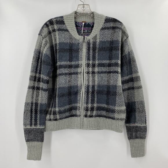 Free People Plaid Cardigan Sweater Jacket Sz L Wool Alpaca Gray - Picture 3 of 10